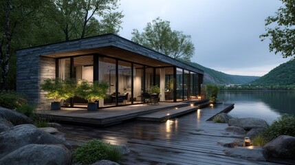 Obraz premium Modern lake house design nestled in nature with panoramic glass facade