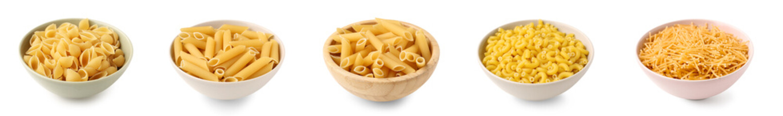 Set of different pasta types on white background