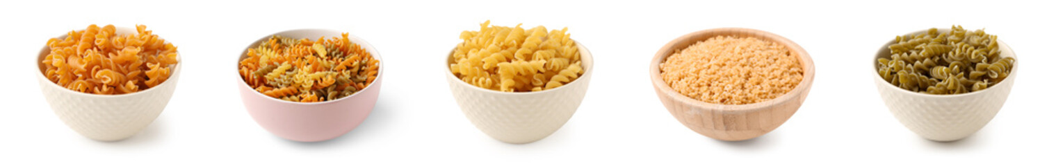 Set of different pasta types on white background