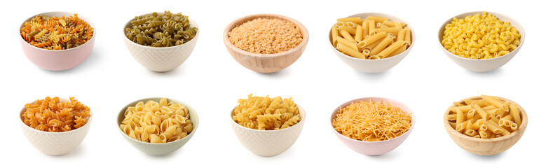 Set of different pasta types on white background