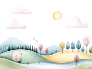 A delicate and serene minimalist landscape featuring pastel colored line art mountains  wispy clouds  and stylized foliage against a tranquil background