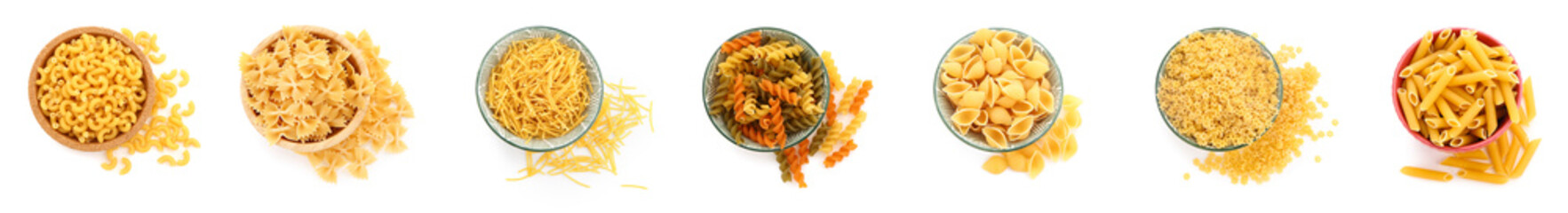 Set of different pasta types on white background, top view