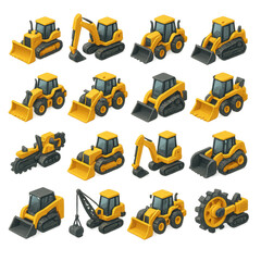 Fototapeta premium Construction equipment 3d icon set: excavator, bulldozer, loader, crane, dump truck, tractor, grader
