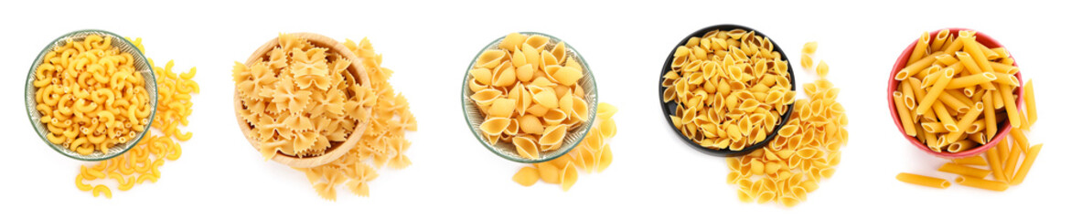 Set of different pasta types on white background, top view