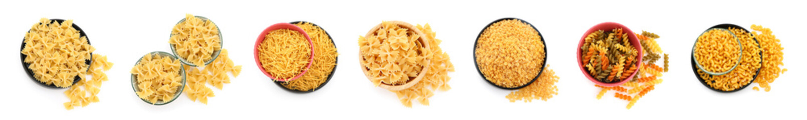 Set of different pasta types on white background, top view