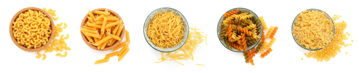 Set of different pasta types on white background, top view