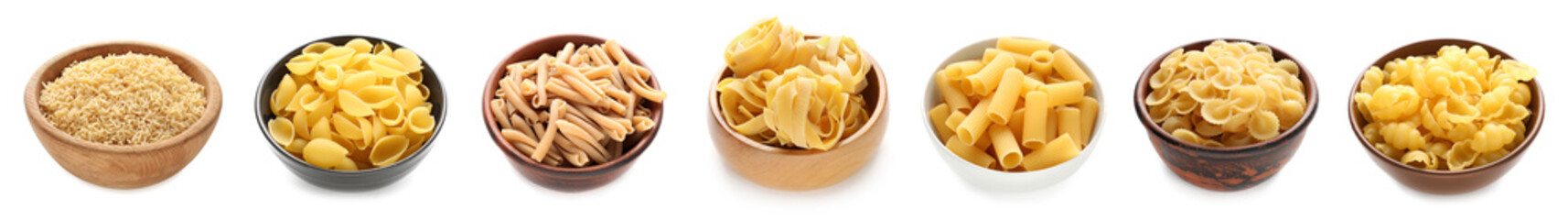 Set of different pasta types on white background