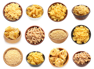 Set of different pasta types on white background