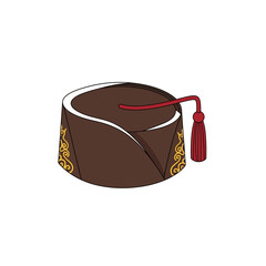 Illustration of a brown traditional hat with gold trim and a red tassel on a white background.