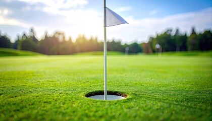 Obraz premium Empty Golf Course Green With White Flag In Hole Under Sunlight And Natural Background