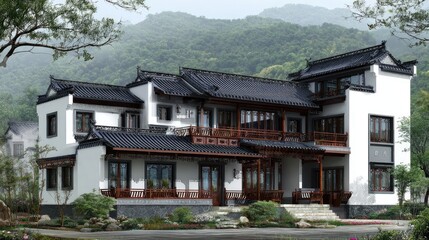 Traditional Chinese house in a lush landscape