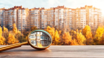 Autumn city apartment search; magnifying glass on wood