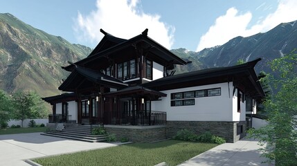Obraz premium Asian-style home nestled in mountains