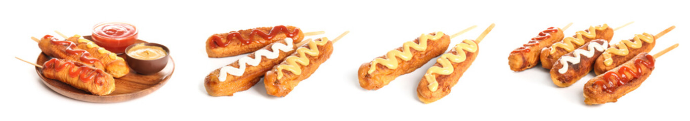 Set of tasty corn dogs on white background