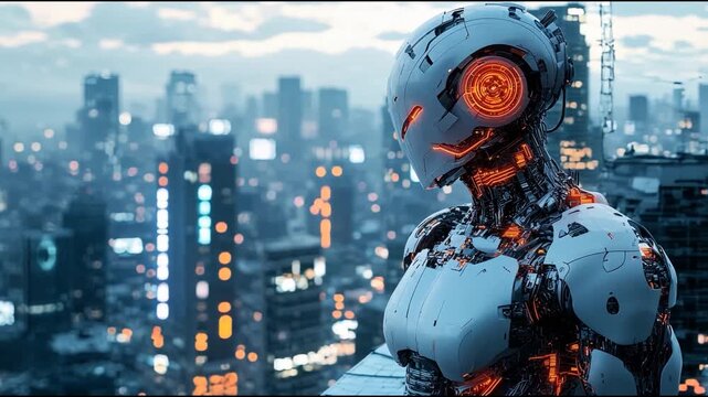 Futuristic robot looking at cityscape with glowing light and highrise building