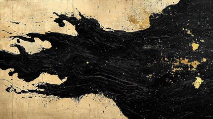 Abstract Black Gold Ink Painting: A Dramatic Swirl of Texture and Color