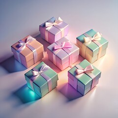 Fototapeta premium Six pastelcolored gift boxes with satin ribbons and bows are arranged neatly on a