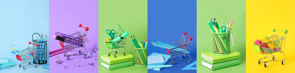 Collage of school stationery with books and small shopping carts on color background