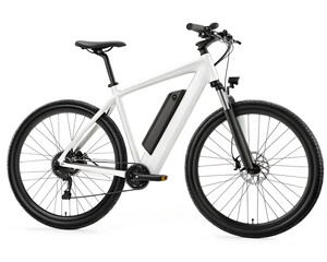 Obraz premium A white electric bicycle with black tires and a black battery pack isolated on a white background
