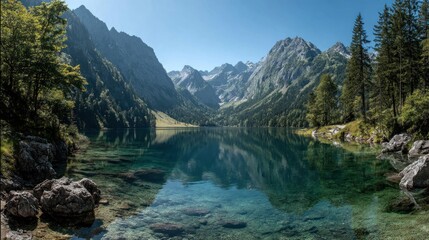 Fototapeta premium Serene Mountain Lake Reflection: A Picturesque Alpine Vista