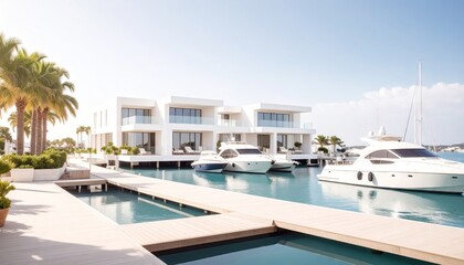 Luxury Waterfront Hotel Complex With Private Boat Docks On Bright Sunny Day Featuring Blue Water and Palm Trees