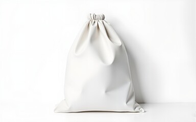 White Drawstring Bag on White Background Product Photography Minimalist Style. High quality