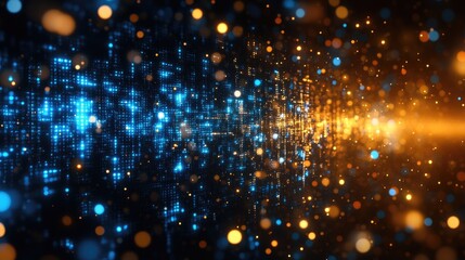 Abstract digital data stream background with glowing blue and gold particles