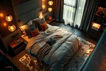 Modern bedroom interior with stylish bedding, warm lighting and elegant decor for comfortable living