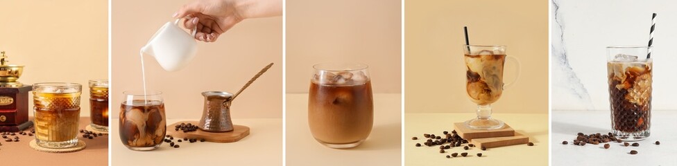 Set of cold iced coffee on beige and light backgrounds