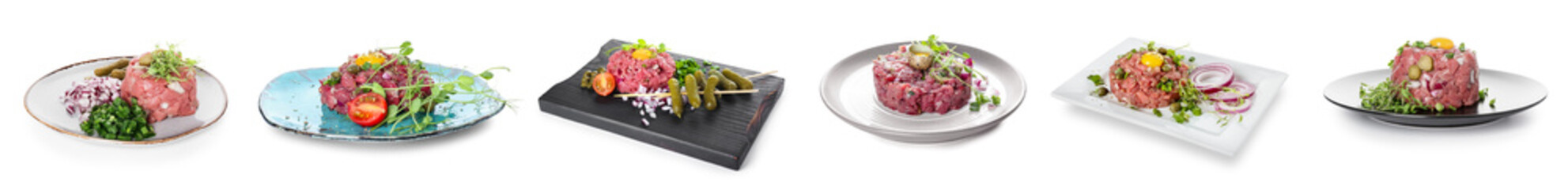 Set of tasty beef tartare on white background