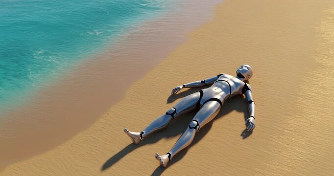 Slow dolly in toward robot lying peacefully on beach as gentle wave roll in and sun set
