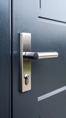 Polished Chrome Door Handle on a Dark Gray Door with Keyhole and Metallic Finish