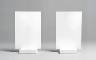 Two blank, white, rectangular display stands, one opaque, one translucent, sit on smaller, square bases against a neutral grey background. High quality