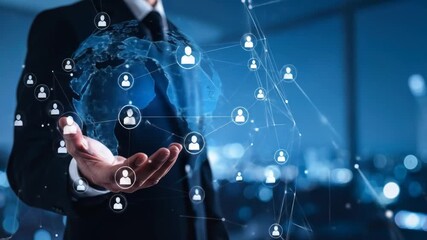 Business professionals analyze global connections from a digital map. 4k video - Powered by Adobe