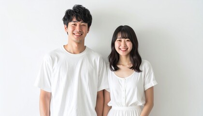 Fototapeta premium シンプルな白背景で撮影された20代の日本人男女のバストショット、カジュアル夏服と柔らかな均一光が作るナチュラルでフレッシュな印象
