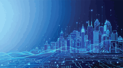 Digital futuristic city skyline illustration with network connections and technology theme.