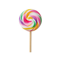 Colorful Swirl Lollipop on a White Background, Bright Candy with Vibrant Stripes and a Wooden Stick for Sweet Treats