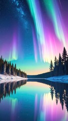 Fototapeta premium Spectacular Night Sky Aurora Borealis Reflected In Calm Mirror Lake Surrounded By Evergreen Forest Landscape