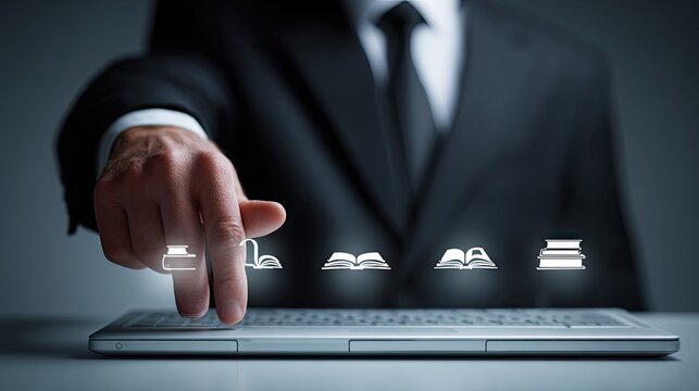 Businessman interacts with digital books on laptop