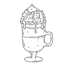 Doodle glass cup with coffee drink. Whipped cream and chocolate topping. Hot or cold coffee beverage. Isolated Hand drawn outline vector illustration
