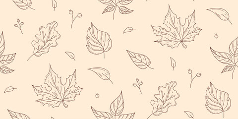 Autumn leaves Seamless pattern. Outline doodle style vector background for card, wrapping paper, decor, banner, flyer