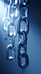 Obraz premium Textured Metal Chain Hanging Vertically With Cool Blue Lighting in Dark Background