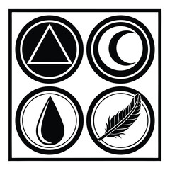 Four black graphic elements triangle crescent moon water drop feather circle