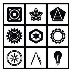 Nine black geometric and mechanical icons on white background symbol graphic