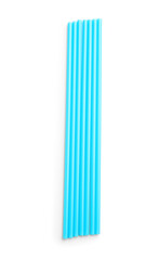 Blue plastic straws on white background