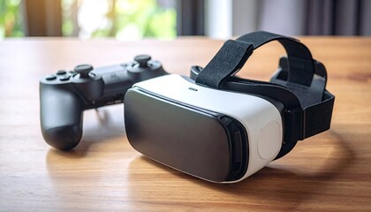 Virtual Reality Headset And Motion Controller On Wooden Table