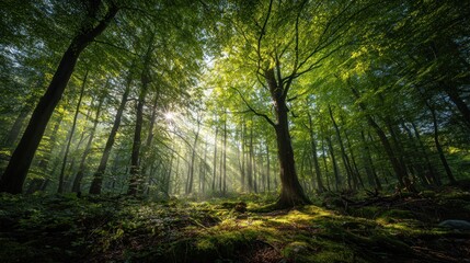Obraz premium Enchanted Forest: Sunbeams Dance Through Lush Green Canopy