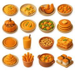 Food 3d icon set. containing pumpkin, ravioli, soup, pancakes, almonds, sushi, mashed potatoes, fries, juice.