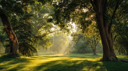 Obraz premium Serene Sunrise in a Lush Green Forest