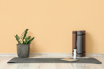 Fitness mats with bottle of water, laptop and plant near beige wall in room